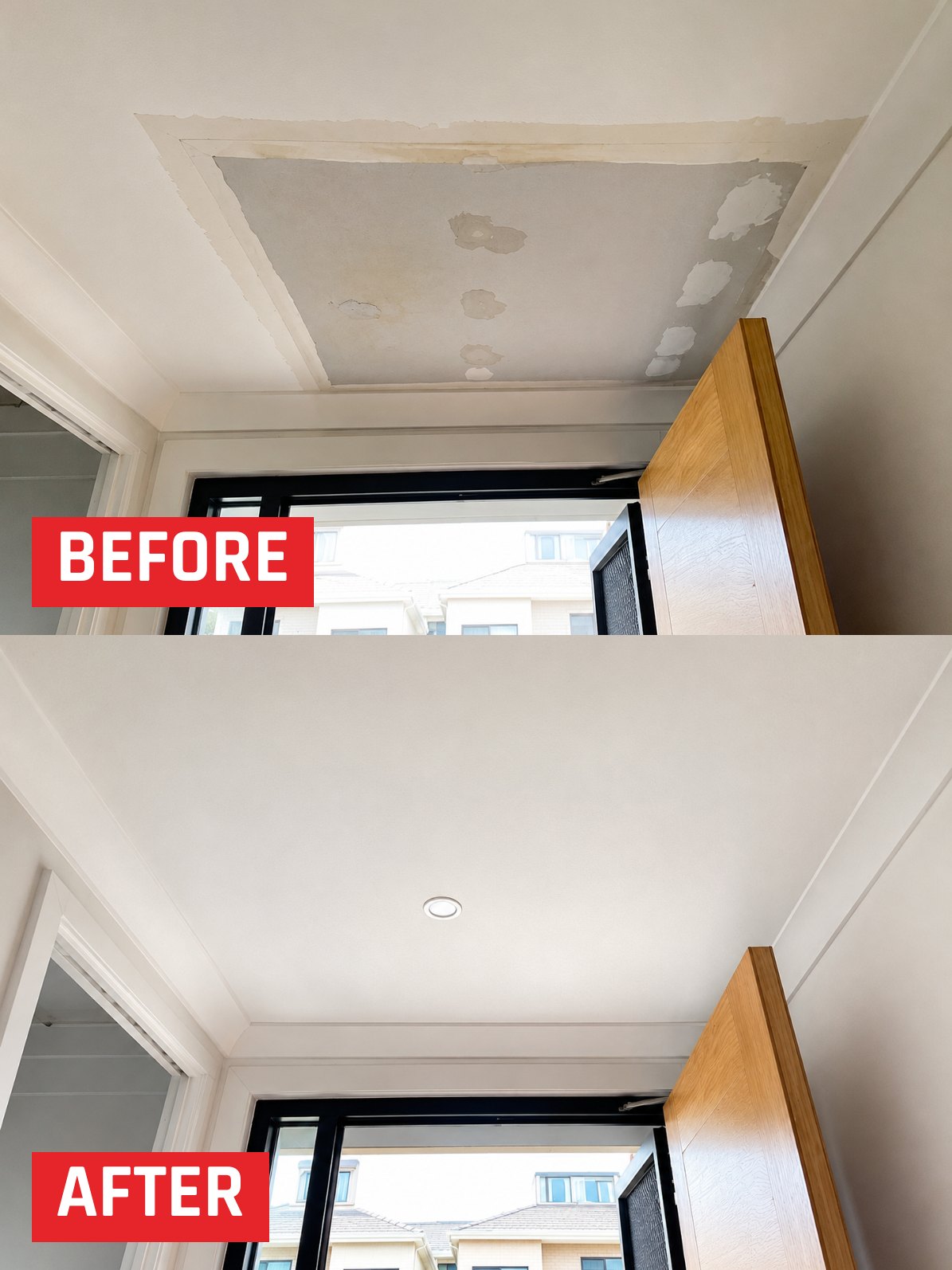 Before and after: damaged ceiling patch repaired and finished by JT Handyman Solutionz