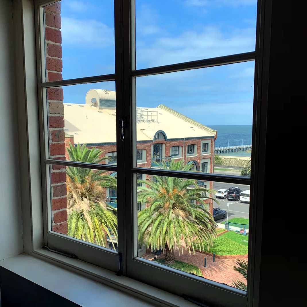Timber-framed window with a view of palm trees, a brick building and the sea, by JT Handyman Solutionz